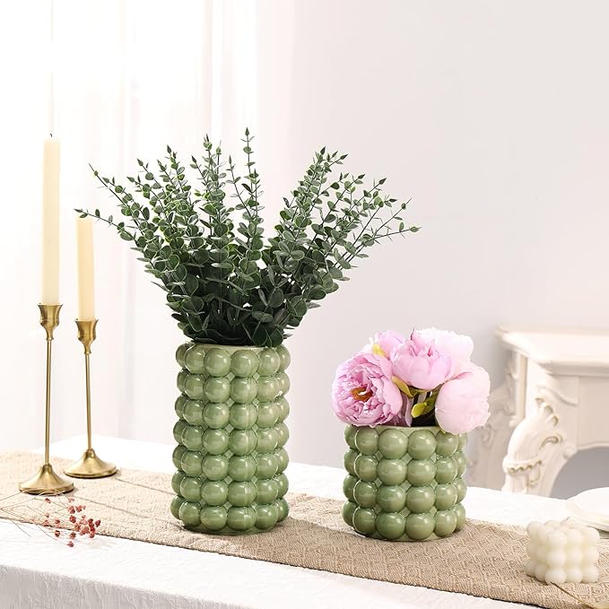 Bubble Vases, Set of 2 Green Ceramic Vases, Short Vases, Ceramic Flower Vases, Unique Vases, Tall Bubble Vases for Coffe Table Decor, Decorative Vases for Living Room, Dining Table, Wedding