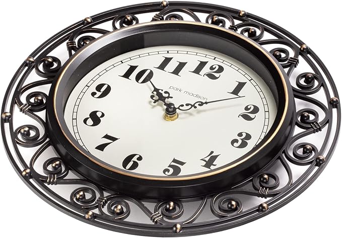 Decorative Iron Style Wall Clock 12 Inch Silent Battery Operated Vintage Elegant Retro Clocks for Living Room Decor, Kitchen Office Dining Room Bedroom School Classroom (13736)