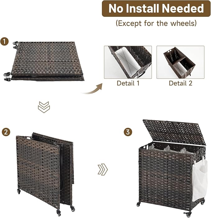 Laundry Hamper with Wheels, 39.6 Gallon(150L) Rolling Laundry Basket with Lid, 3-Section Rattan Clothes Hamper with 3 Removable Liner & 3 Mesh Bags, Laundry Sorter with Side Pocket, Brown