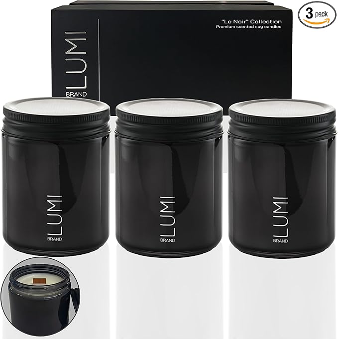 Set of 3 Scented Soy Candles Gift Set | Le Noir Collection | 3 Scented Candles - Men's Cologne, Red Teakwood, Bergamot & Oud | Crackling Wood Wick | Clean Burn | 40+HR Burn Time, 7oz Each