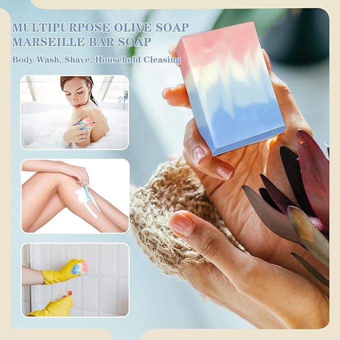 5 Pack Marseille Soap Natural Handmade Soap Bar Cold Process, Unscented Olive Oil Soap Ideal for Face, Body and Shave, Infused 72% Olive and 18% Coconut Oil, Moisturize and Soften Skin, 3.53 oz