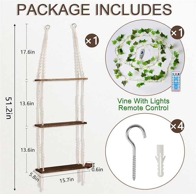 Hanging Shelf with Vine Lights(USB Powered), Macrame Shelf, Wall Shelf with Handmade Ropes, 3 Tier Floating Shelf, Boho Room Decor Aesthetic for Succulents, Bedroom, Living Room, Bathroom