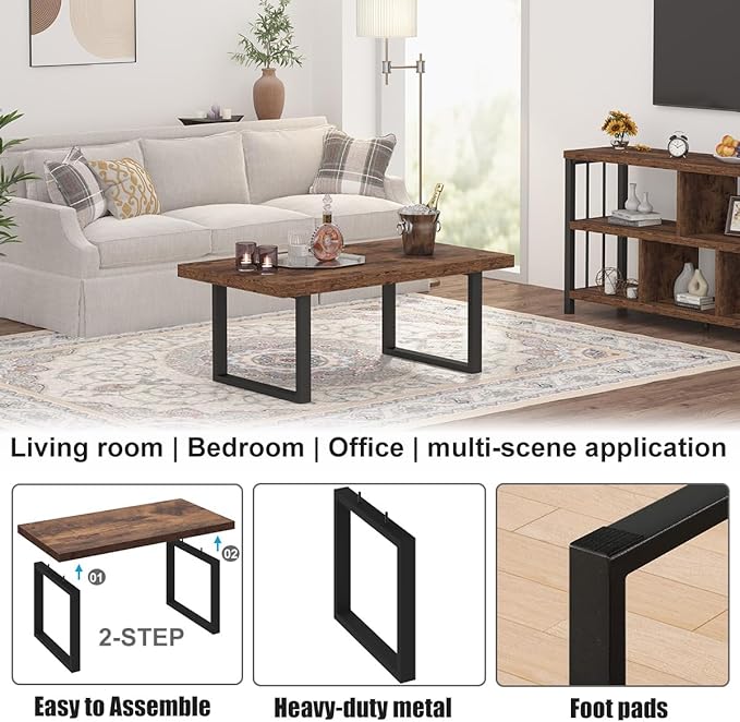 IBF Rustic Coffee Table, Industrial Simple Wooden Living Room Table, Modern Minimalist Farmhouse Rectangle Center Table, Wood and Metal Vintage Tea Coffee Table for Home Bedroom, Rustic Brown, 39 Inch