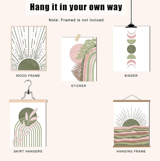 RETRART Sage Green Boho Wall Art, Minimalist Wall Art Wall Decor Geometric Line Leaf Sun Moon Beige Green Canvas Artwork Paintings, Abstract Botanical Sage Gr een Boho Room Decor - 8"x10"