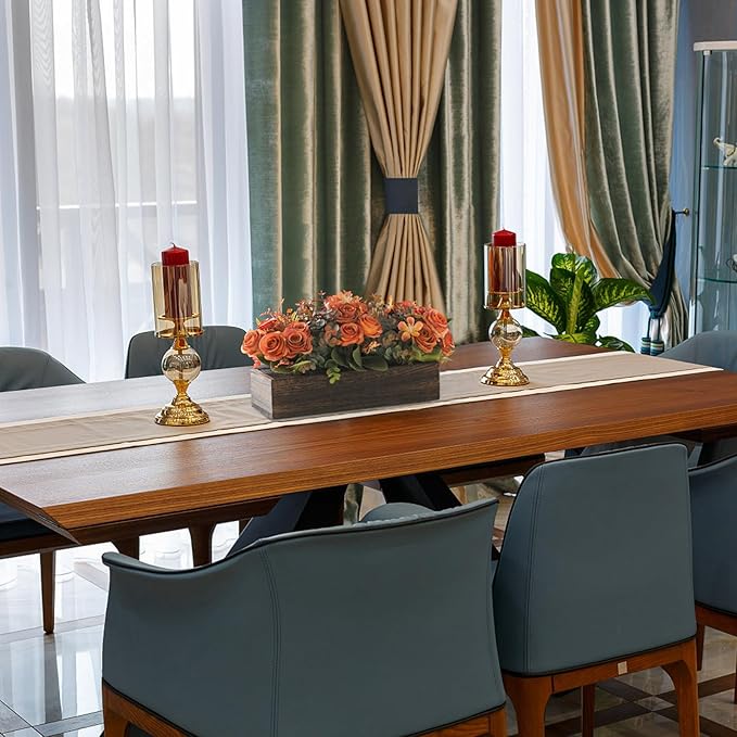 Dahey Centerpiece Table Decorations for Dining Room Farmhouse Living Room Table Centerpieces Decor Wood Tray with 3 Artificial Flowers and 2 Eucalyptus for Kitchen Table, 14.1" x 4.7" x 3.1", Orange