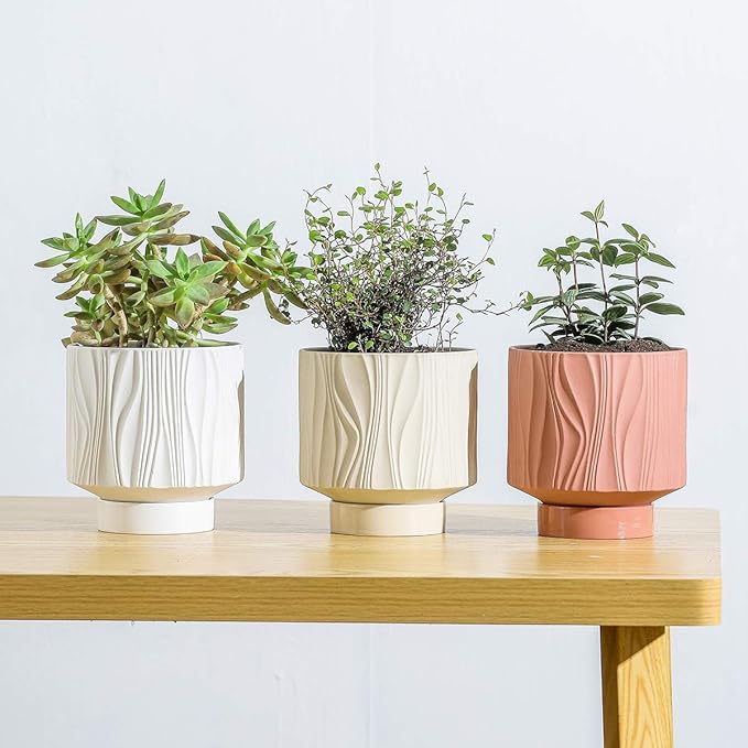UBEE Plant Pots Indoor-5.5 inch Ceramic Flower Pot Succulent Pot with Drainage Hole and Ceramic Tray-Water Ripple for Gardening Home Desktop Office-Plants NOT Included(Ochre/Terracotta)