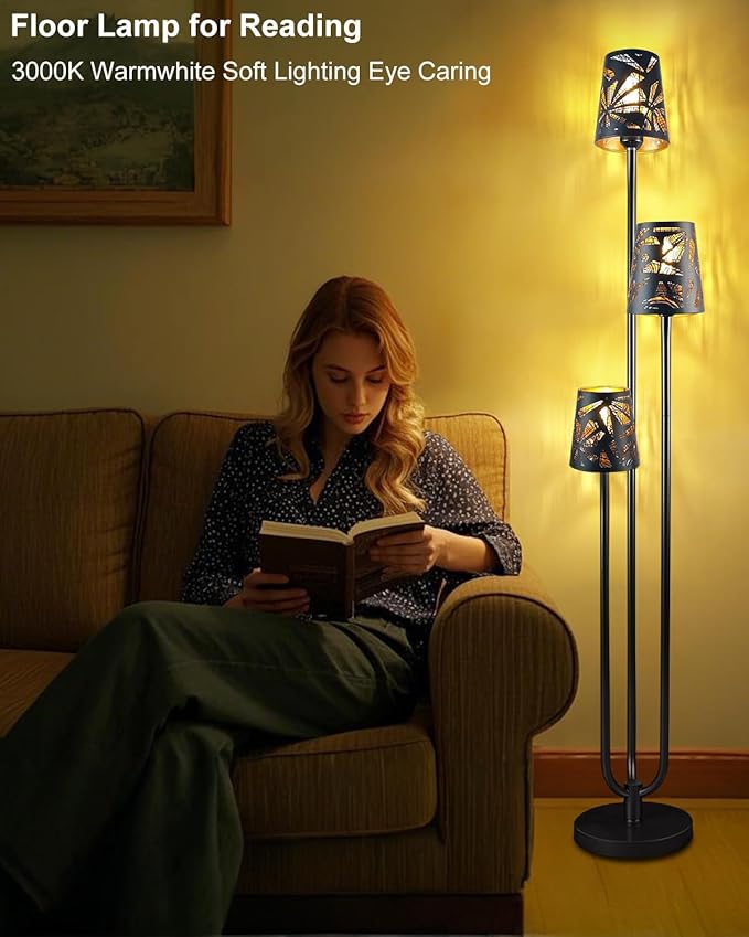 63IN Floor Lamp with Metal Shade, Unique 3 Black Poles Tall Standing Lamps, 3000K Warmwhite Mid Century Modern Floor Lamp for Living Room Home Office(Bulbs Included)