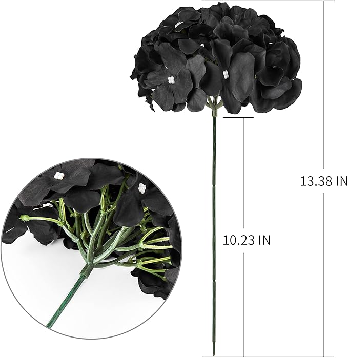 Flojery Black Silk Hydrangea Heads Artificial Flowers Heads with Stems for Home Wedding Decor,Pack of 10(Black)