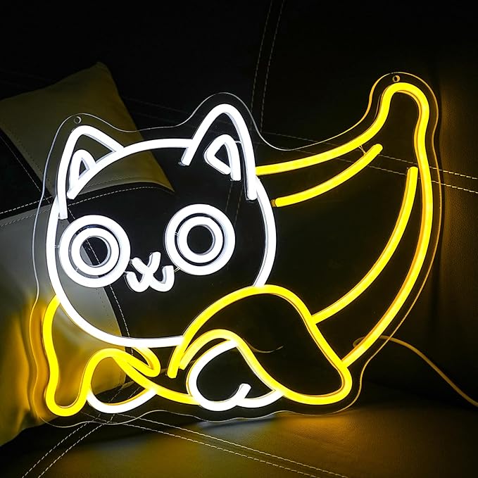 Cat Neon Sign for Wall Decor Banana Neon Light USB Powered LED Neon Sign Yellow LED Neon Light for Bedroom Zoo Pet Shop Cat House Decoration(16.9"*12.6")