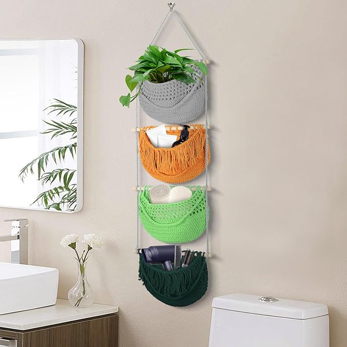 4 Tier Hanging Fruit Basket for Kitchen, 4 Pack Detachable Cotton Crocheted Wall Hanging Basket Over Door Organizer for Fruit Veggie Plant, Hanging Shelves for Bedroom Bathroom (Mixed Color)