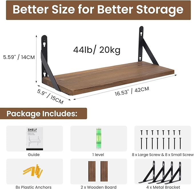 AGM Floating Shelves, Bathroom Shelf Set of 2, Rustic Wood Wall Mounted Shelf for Storage&Room Decor, Floating Shelf for Plants, Book, Bathroom, Bedroom, Kitchen, Office, Living Room(Dark Brown)