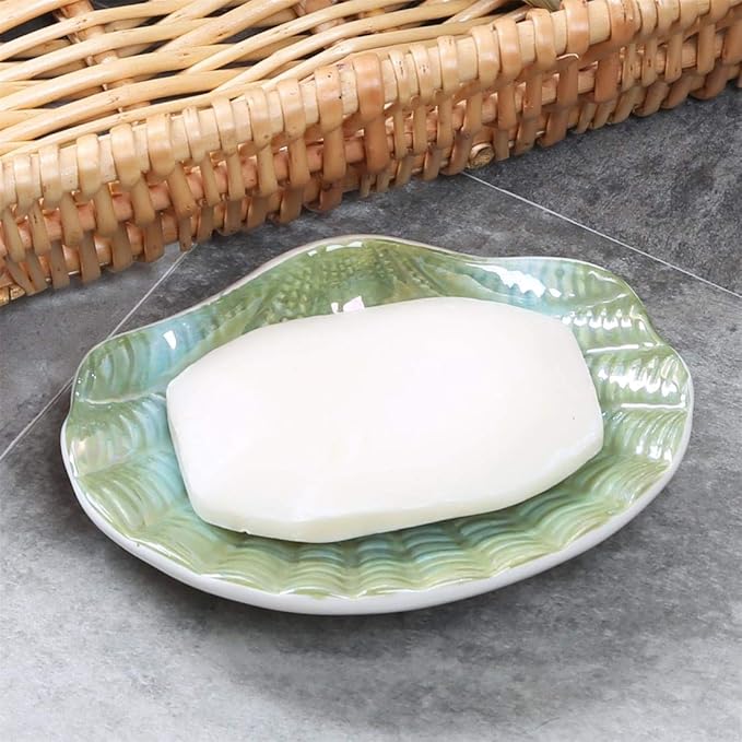 Ceramic Ocean Seashell Soap Dish, for Bathroom,Tub and Kitchen Sink -Green