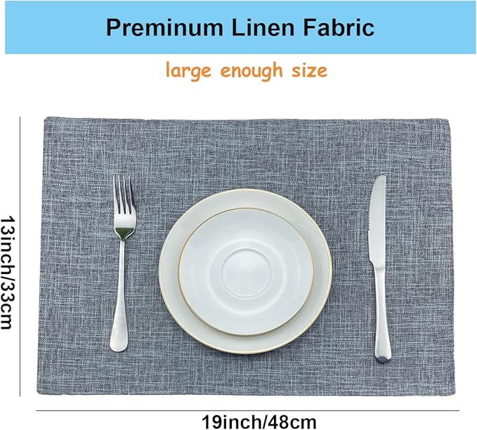 Weabetfu Cloth Placemats Set of 4 Heat Resistant Dining Table Placemmats Cotton Linen Machine Washable Kitchen Table Mats Wrinkle Free Thick Fabric Place Mats,Easy to Clean,13" x 19" Gray