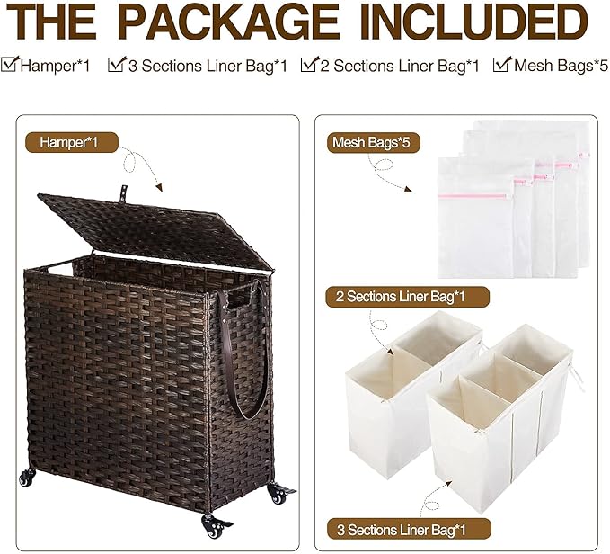 GREENSTELL Laundry Hamper with Wheels&Lid, 130L Large 3 Sections Clothes Hamper with 2 Types Removable Liner Bags, 5 Mesh Laundry Bags, Handwoven Divided Laundry Basket Brown