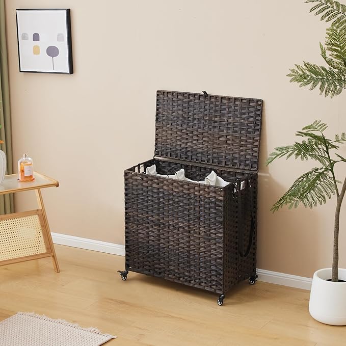 Laundry Hamper with Wheels, 39.6 Gallon(150L) Rolling Laundry Basket with Lid, 3-Section Rattan Clothes Hamper with 3 Removable Liner & 3 Mesh Bags, Laundry Sorter with Side Pocket, Brown