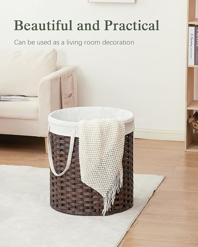 Laundry Hamper Round Laundry Basket 26.5 Gal (100L) Rattan Laundry Hamper, Handwoven Wicker Laundry Basket with Handles Removable Laundry Bag 2 Mesh Bags for Bedroom Laundry Room Brown