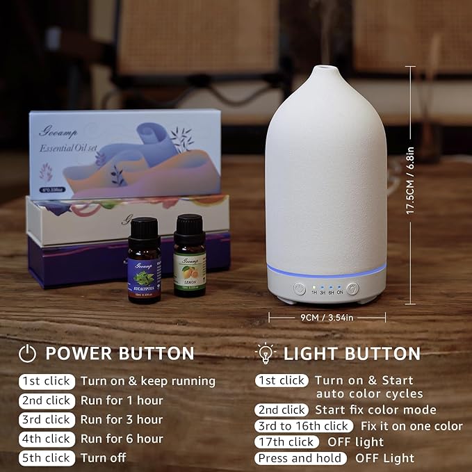 200ML Ceramic Diffuser,Aromatherapy Diffuser,Essential Oil Diffuser with 7 Color Lights Auto Shut Off for Home Office Room,White (1/3/6/ON hrs Working time)