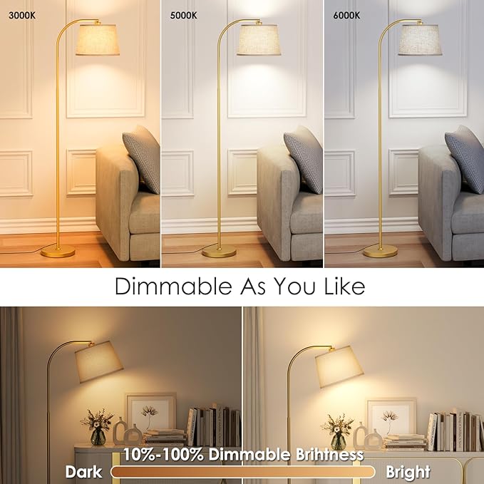Arc Floor Lamps for Living Room, Modern Floor Lamp with Remote Control and Stepless Dimmable 9W Bulb Included, Gold Tall Standing Lamp with Adjustable Linen Shade for Bedroom Office