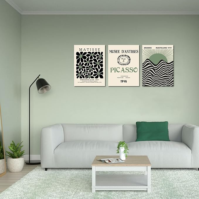 Sage Green Matisse Wall Art Set of 3, Abstract Matisse Wall Art Posters Decor, Minimalist Framed Wall Art Geometric Line Sun Rising Green Canvas Artwork Paintings, Bedroom, Office