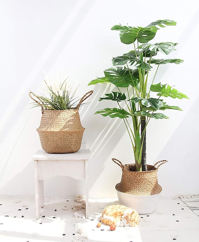Woven Seagrass Belly Basket for Storage, Plants, Laundry, Picnic and Groceries (Medium, Black Strips)