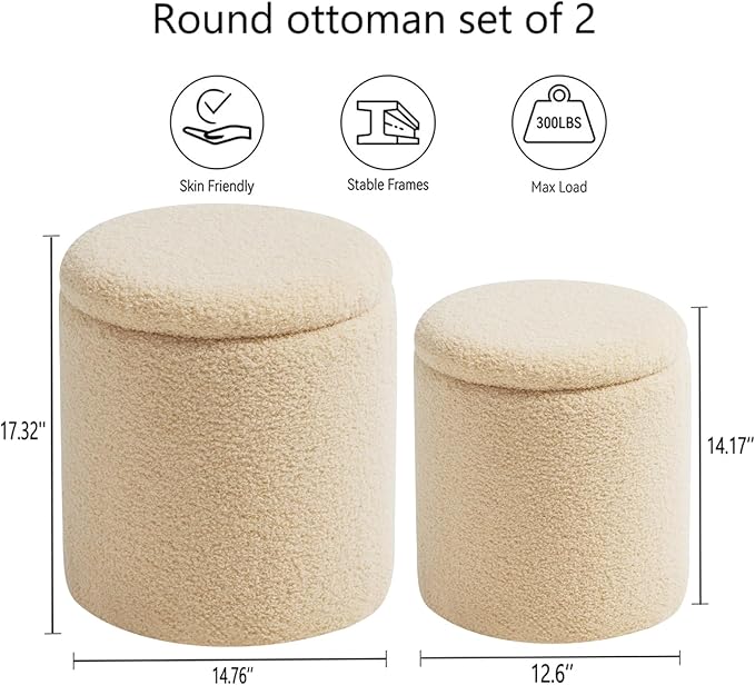 Round Ottoman with Storage Set of 2-Upholstered Velvet Vanity Stool for Makeup Multifunctional Ottomans Coffee Table Padded Seat Foot Rest for Living Room&Bedroom (Cream)