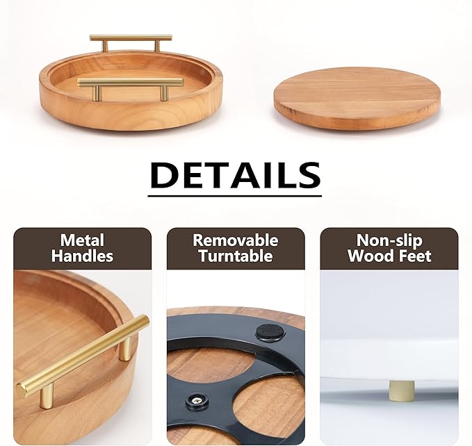 Set of 2 Wood Decorative Trays with Handles 12 Inch Round Decorative Tray for Room Decor, 2 in 1 Counter Decor Trays for Coffee Table,Round Tray for Storage and Display