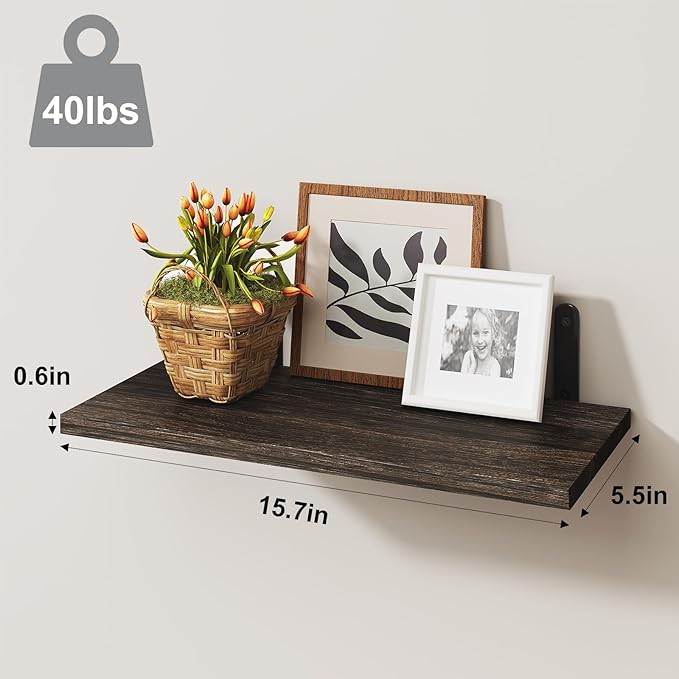 Fixwal Floating Shelves for Room Decor, 4 Sets Wall Storage, Wood Mounted Shelf for Bedroom, Bathroom, Book Shelf, Dark Carbonized Black
