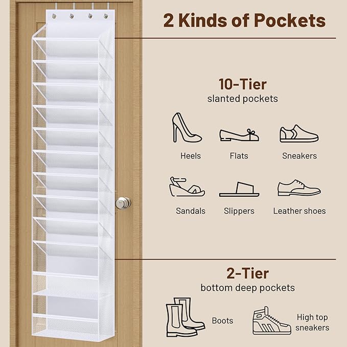 MISSLO 12 Tier Over the Door Shoe Organizer Hanging Shoe Rack for Closet Storage Sneaker Holder for Door Fit 24 Pairs Sandals, Heels, Boots (White)