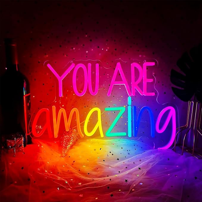 You Are Amazing Neon Sign Dimmable, USB You are Amazing LED Neon Light Sign for Wall Decor, Colorful LED Letter Light Up Sign for Living Room Bedroom Christmas Gift, 16.9" X 10.6"