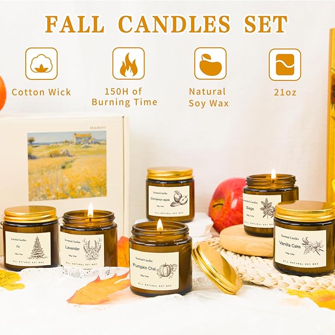 6 Pack Scented Candles for Home, Aromatherapy Gifts for Women Men, Fall Winter Holiday Natural Soy Candles Set for Birthday, Mother's Valentines Day Gifts for Her
