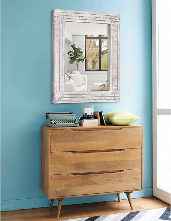 Mirrors for Wall Rustic Wooden Frame Rectangle Mirror Vintage Hanging Mirror for Bedroom Bathroom Living Room Farmhouse Wall Decor White Large 20" x 16 "