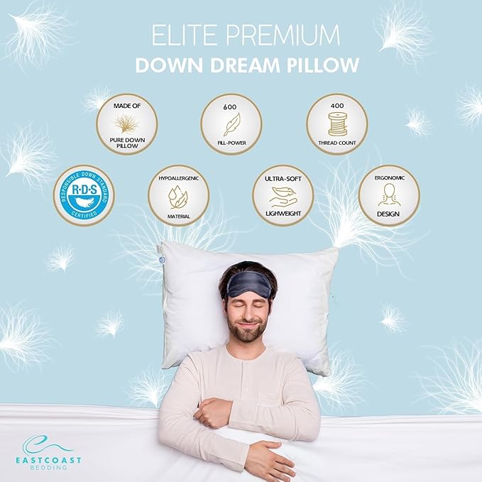 East Coast Bedding Elite Premium Down Sleeping Pillow 600 Fill Power White Down Available in Soft, Medium & Firm 400 Thread Count Cotton Shell Premium Comfort - Made in The U.S.A