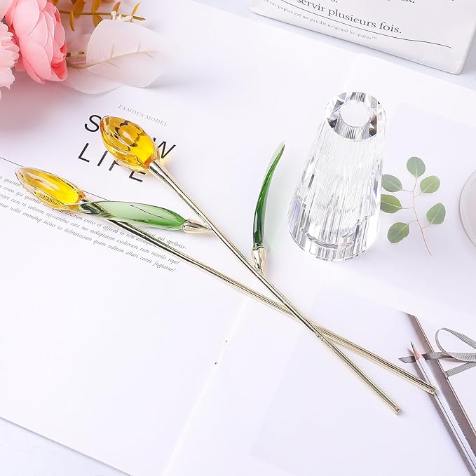 LONGWIN Crystal Tulips Flower Figurine Collectible with Vase Glass Spring Bouquet Flowers with Stem Home Decor Gift for Women Mom