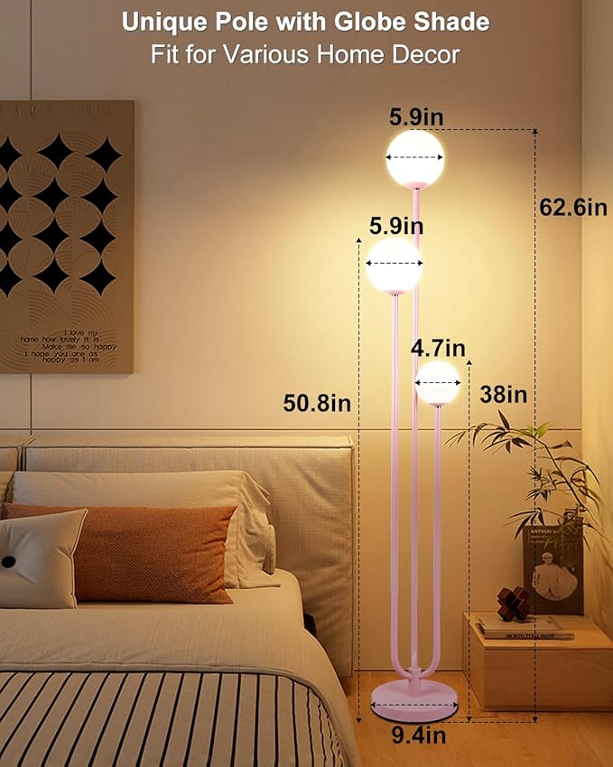 63IN 3-Light Floor Lamp, Unique Tall Standing Lamps with 3 Pink Poles and 3000K G9 Bulbs for Reading, Mid Century Modern Floor Lamp for Living Room Bedroom Office