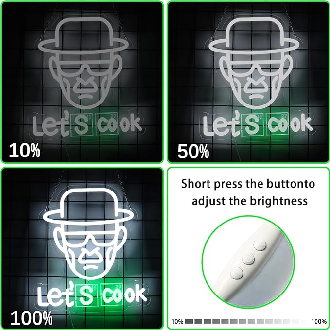 Breaking Bad Neon Sign Heisenberg for Wall Decor,Funny Let's Cook Neon Ligthts with Dimmable LED Signs for Man Cave Bedroom Bar Party Neon Gifts for Crime TV Show Fans Gifts