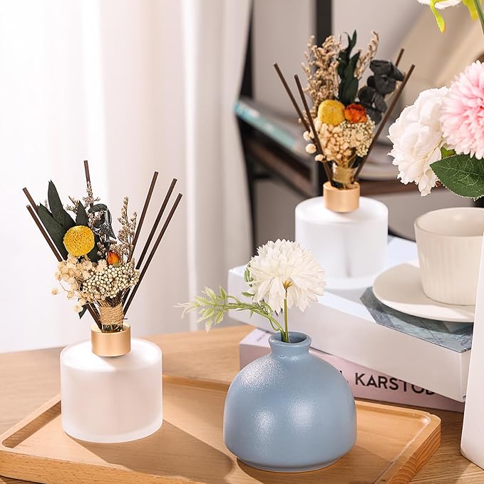 Rtteri 2 Reed Diffuser Sets Flower Oil Diffuser Sticks with Refill Empty 5oz Bottles Scent Glass for Fragrance Home Bathroom Gifts, Oil Not Included(Frosted Color)