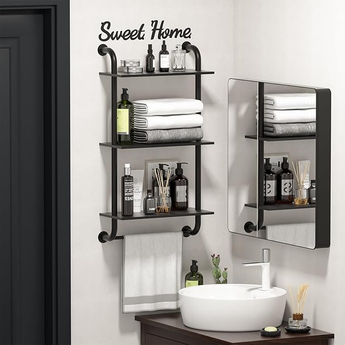 Rustic Farmhouse 3-Tier Wall Mounted Pipe Shelves, Industrial Floating Shelf Decor for Bathroom, Kitchen, Bedroom, Living Room - 17.3in Black