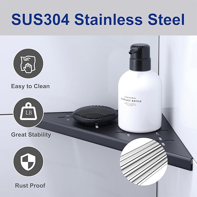 10" Corner Shower Shelf, 1-Pack Shower Shelves SUS304 Stainless Steel Bathroom Shelves for Tile Walls, Recessed Corner Shelf Organizer Rack, No Drilling (Matte Black)