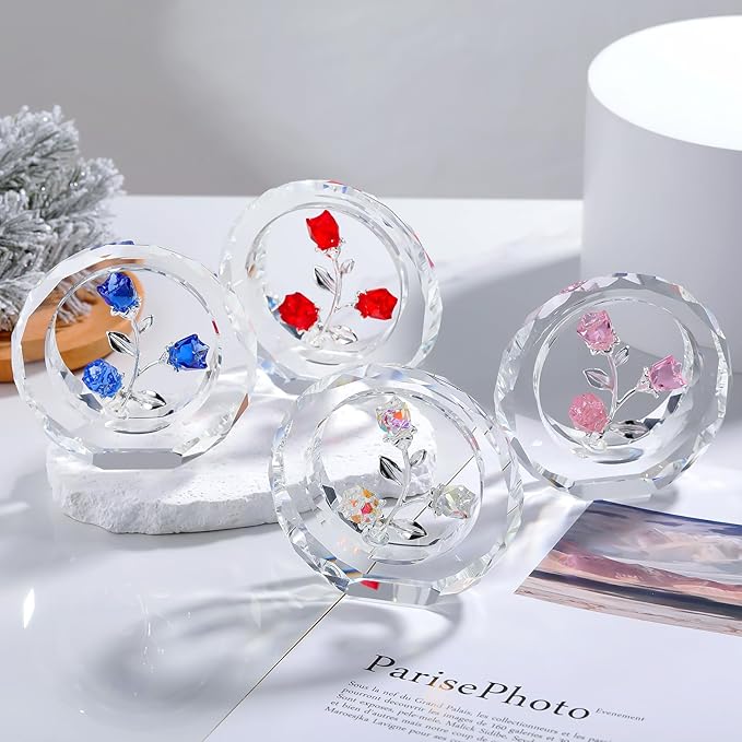 Crystal Clear Rose Bouquet Figurines Glass Flowers with Stems Valentines Anniversary Rose Gifts for Girlfriend Wife, Clear Crystal Rose in Glass Ring Collectible Figurines Forever Roses Decor