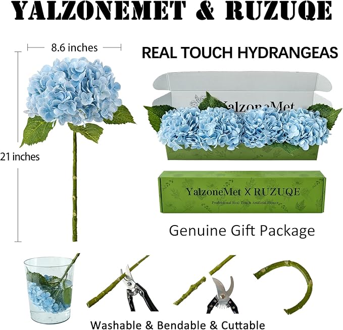 YalzoneMet 4Pcs Light Blue Hydrangea Artificial Flower Natural Lifelike Real 21 inch Long Stem Hydrangea Latex Flower Bouquets for Home Party Outdoor Wedding Table Centerpiece Decor