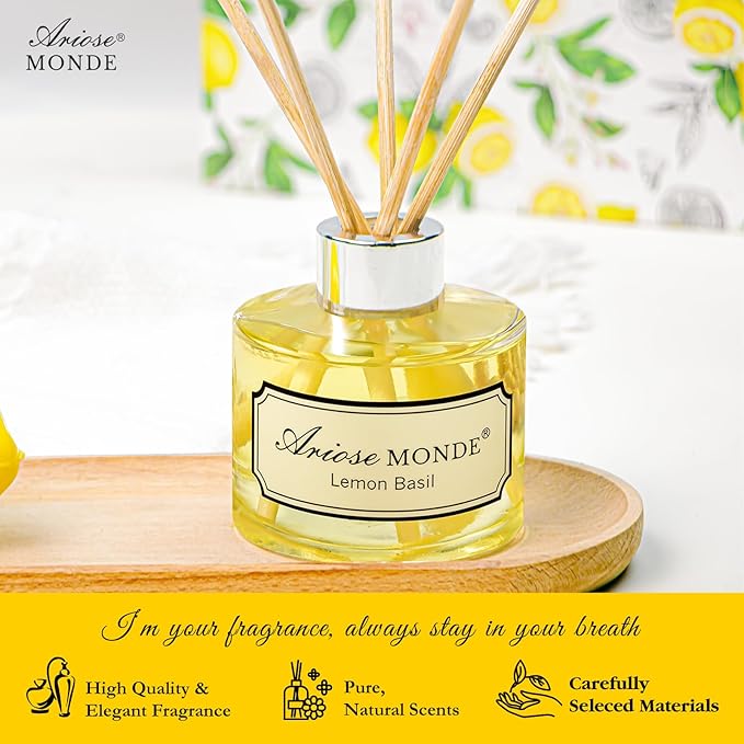 Reed Diffuser & Scented Candle Gift Set, Lemon Basil Oil Diffuser Sticks, Fragrance Diffuser & Soy Wax Candles in Glass Jar, Natural Soy Candles Gifts for Home Decor