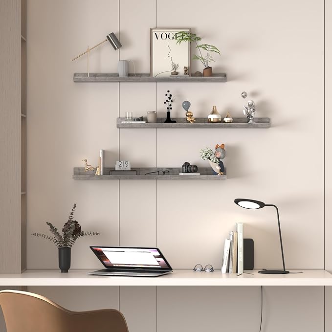 Giftgarden 36 Inch Grey Floating Shelves for Wall Mount, Gray Wood Wall Shelf Ledge for Bathroom Bedroom Living Room Kitchen Storage, Set of 3 Different Sizes