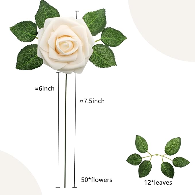 Artificial Flowers 50PCS Champagne Roses Real Looking Foam Fake Roses with Leaves and for DIY Wedding Bouquets Bridal Shower Centerpieces Party Decorations (Champagne)