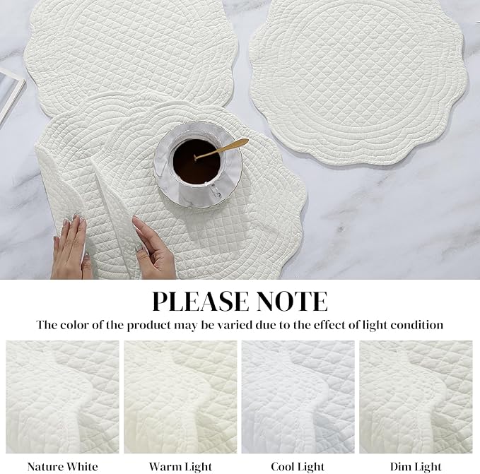 HOMBYS Quilted Placemats Set of 6 Washable Round Placemats for Kitchen Table-100% Cotton Fabric 15 Inch Round Table Mats, Cotton Fabric with Microfiber Filling, (15"x15", Cream White)