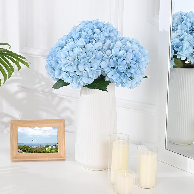 BLEUM CADE 8 Pcs Blue Hydrangea Artificial Flowers with Realistic Stems, 18In Large Fake Blue Flowers, Faux Flower for Home Party Decor Outdoor Wedding Bouquets Table Centerpieces Decoration