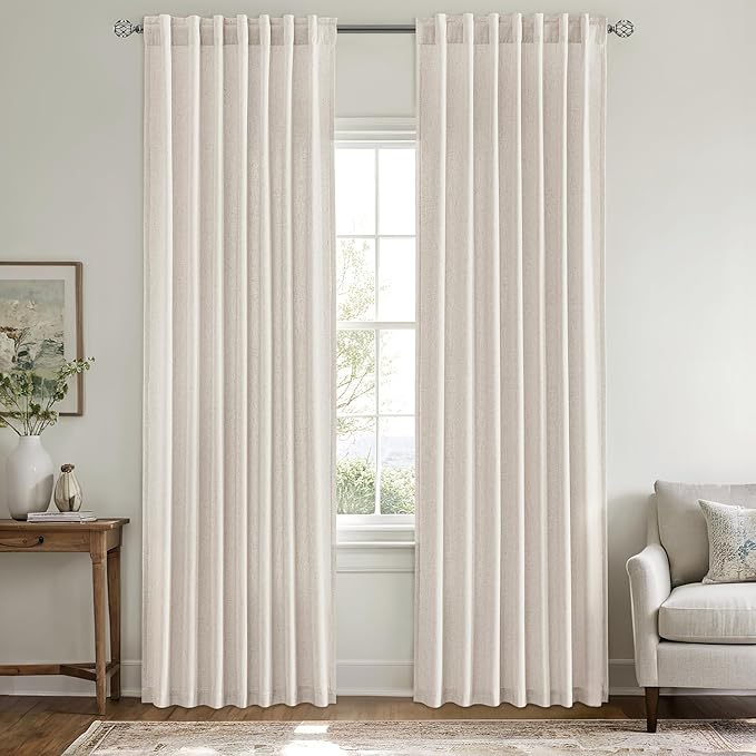 MIULEE Non-See-Through Privacy Linen Curtains 2 Panels, Light Filtering Window Curtains Farnhouse Textured Back Tab Semi Sheer Drapes for Bedroom Living Room, 52 x 84 Inches Long, White