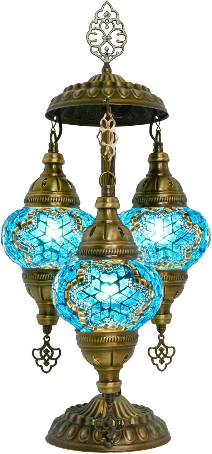 mozaist Moroccan Handmade Mosaic Table Lamp, Turkish Vintage Boho Style Desk Light, 3 Globe Bedside Country Décor for Home Lighting, Rural Authentic Unique Gift with US Plug & E12 Socket (Sea Blue)