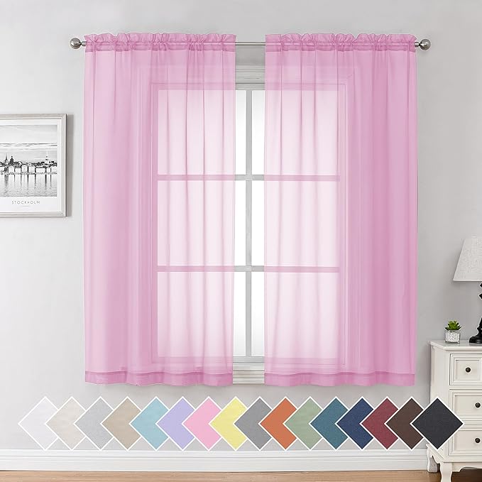 Aiyufeng Pink Sheer Curtains 54 inch Length Living Room Short Voile Drapes Solid Sheers Cafe Curtains Voile Bathroom Small Window Sheers 2 Panels Set, Rod Pocket, 40" Wx54 L