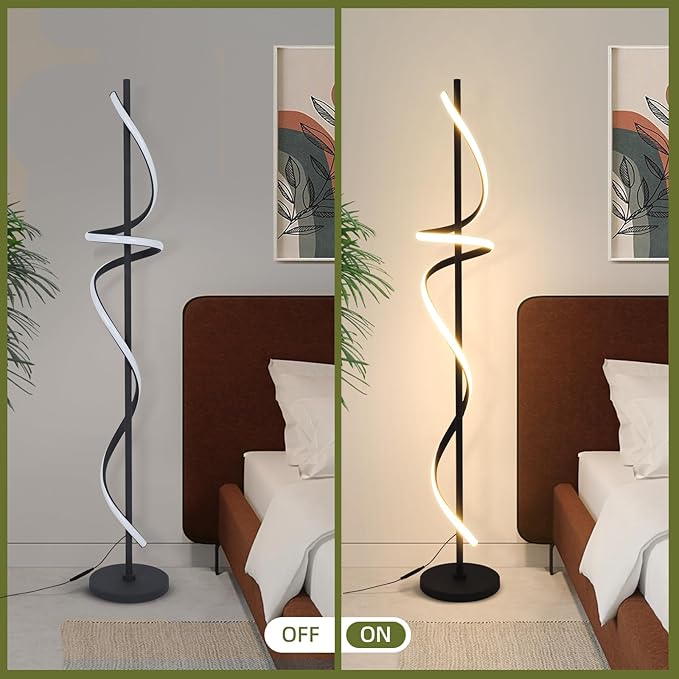 Modern Spiral Floor Lamp with Remote Control, 48W LED Floor Lamps for Living Room, 3 Colors Dimmable Tall Standing Lamp for Living Room, 60'' Modern Floor lamp for Bedroom Black