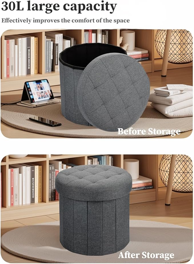 Ottoman with Storage, Foot Rest Stool with Thicker Foam Padded Seat Linen Small Round 14“ x 14” x 13 "Inchs Storage Ottoman Bench for Living Room Foldable Pouf Coffee Table 2 Pack, Dark Gray
